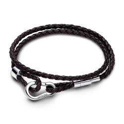 Bracciale Pandora Moments in Pelle Marrone Doppio con Chiusura a Moschettone Regolabile